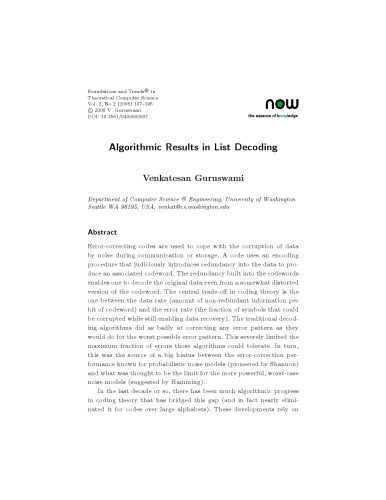 خرید و دانلود نسخه کامل کتاب ALGORITHMIC RESULTS IN LIST DECODING (Foundations and Trends(R) in Theoretical Computer Science)_6865721fd9f13.jpeg خرید و دانلود نسخه کامل کتاب ALGORITHMIC RESULTS IN LIST DECODING (Foundations and Trends(R) in Theoretical Computer Science)