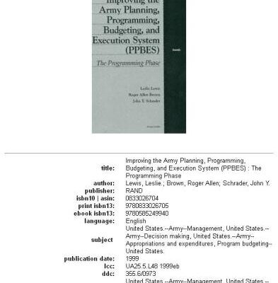 خرید و دانلود نسخه کامل کتاب Improving the army planning, programming, budgeting, and execution system (PPBES): the programming phase