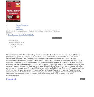 خرید و دانلود نسخه کامل کتاب MCSE Windows 2000 Active Directory Services Infrastructure Exam Cram 2 (Exam 70-217) (Exam Cram)
