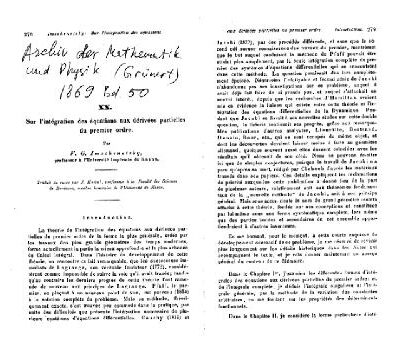 خرید و دانلود نسخه کامل کتاب Sur l’integration des equations aux derivees partielles du 1er ordre (Archiv d.Math.u.Phys.1869,Bd.50)