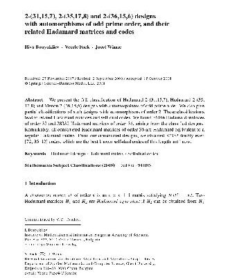 خرید و دانلود نسخه کامل کتاب 2-(31,15,7), 2-(35,17,8) and 2-(36,15,6) designs with automorphisms of odd prime order, and their related Hadamard matrices and codes