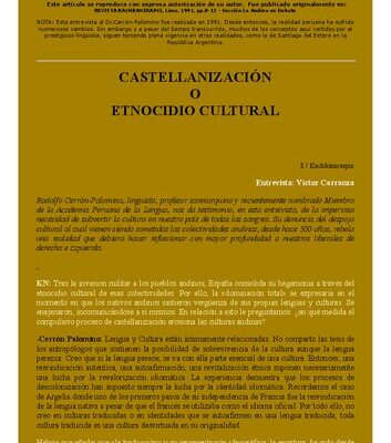 خرید و دانلود نسخه کامل کتاب Castellanización o etnocidio cultural. Entrevista a Rodolfo Cerrón-Palomino [1991]