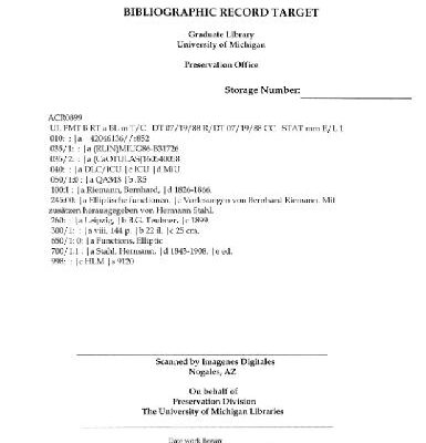 خرید و دانلود نسخه کامل کتاب Elliptische functionen. Vorlesungen von Bernhard Riemann, mit Zusaetzen