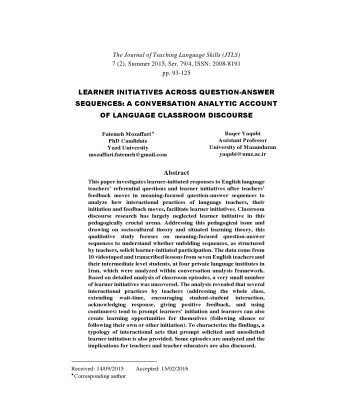 خرید و دانلود نسخه کامل کتاب LEARNER INITIATIVES ACROSS QUESTION-ANSWER SEQUENCES: A CONVERSATION ANALYTIC ACCOUNT OF LANGUAGE CLASSROOM DISCOURSE