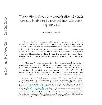خرید و دانلود نسخه کامل کتاب Observations about two biquadratics, of which the sum is able to be resolved into two other biquadratics