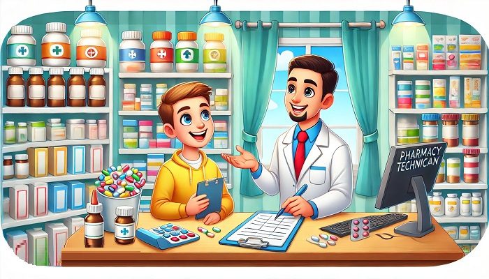 a-pharmacy-training-scene.-The-image-shows-a-friendly-pharmacist-demonstrating-how-to-prepare-medications2 خرید و دانلود جزوه تکنسین عالی داروخانه جهاد دانشگاهی - تصویر 1