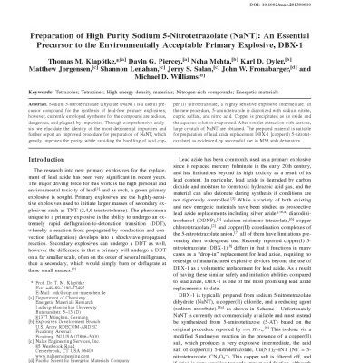 خرید و دانلود نسخه کامل کتاب [Article] Preparation of High Purity Sodium 5-Nitrotetrazolate (NaNT) — An Essential Precursor to the Environmentally Acceptable Primary Explosive, DBX-1