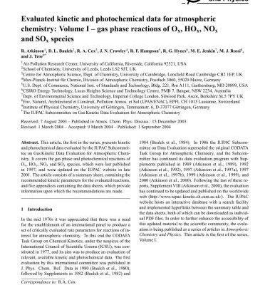 خرید و دانلود نسخه کامل کتاب Evaluated kinetic and photochemical data for atmospheric chemistry: Volume I – gas phase reactions of Ox, HOx, NOx and SOx species