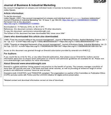 خرید و دانلود نسخه کامل کتاب Key account management at company and individual levels in business‐to‐business relationships [article]
