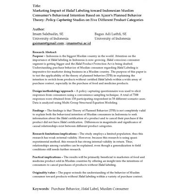 خرید و دانلود نسخه کامل کتاب Marketing Impact of Halal Labeling toward Indonesian Muslim Consumer’s Behavioral Intention Based on Ajzen’s Planned Behavior Theory: Policy Capturing Studies on Five Different Product Categories