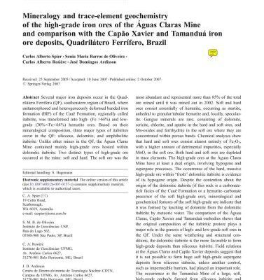 خرید و دانلود نسخه کامل کتاب Mineralogy and trace-element geochemistry of the high-grade iron ores of the Águas Claras Mine and comparison with the Capão Xavier and Tamanduá iron ore deposits, Quadrilátero Ferrífe