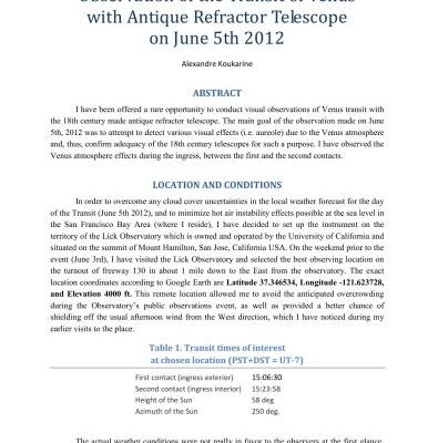 خرید و دانلود نسخه کامل کتاب Observation of the Transit of Venus with Antique Refractor Telescope on June 5th 2012