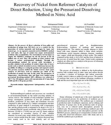خرید و دانلود نسخه کامل کتاب Recovery of Nickel from Reformer Catalysts of Direct Reduction, Using the Pressurized Dissolving Method in Nitric Acid