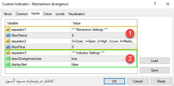 تنظیمات اندیکاتور Momentum Divergence