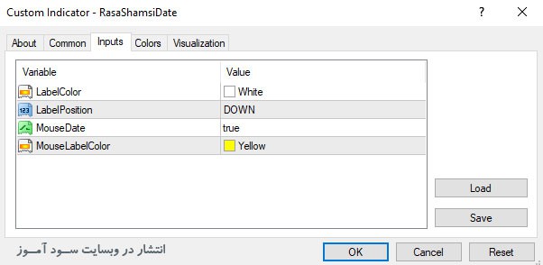 تنظیمات اندیکاتور Shamsi Date