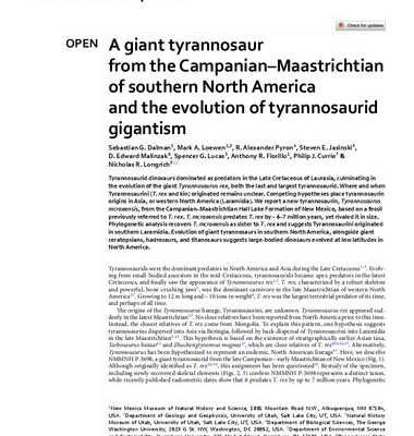 خرید و دانلود نسخه کامل کتاب A giant tyrannosaur from the Campanian–Maastrichtian of southern North America and the evolution of tyrannosaurid gigantism