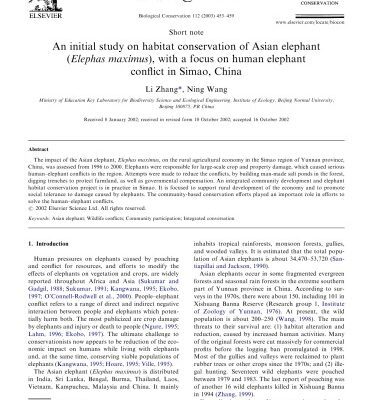 خرید و دانلود نسخه کامل کتاب An initial study on habitat conservation of Asian elephant Elephas maximus, with a focus on human elephant conflict in Simao, China