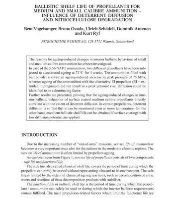 خرید و دانلود نسخه کامل کتاب Ballistic shelf life of propellants for medium and small calibre ammunition – influence of deterrent diffusion and nitrocellulose degradation