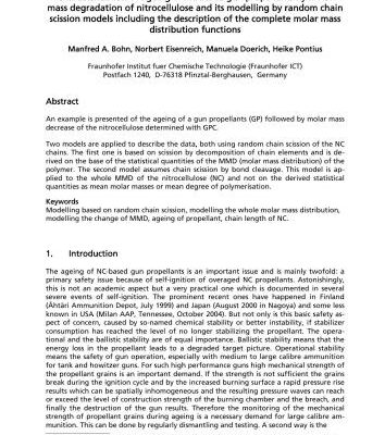 خرید و دانلود نسخه کامل کتاب Characterization of ageing of NC based gun propellants by molar mass degradation of nitrocellulose and its modelling by random chain scission models including the description of the complete molar mass distribution functions
