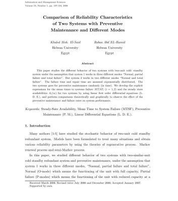 خرید و دانلود نسخه کامل کتاب Comparison of Reliability Characteristics of Two Systems with Preventive Maintenance and Different Modes