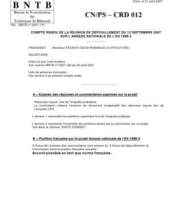 خرید و دانلود نسخه کامل کتاب COMPTE RENDU DE LA REUNION DE DEPOUILLEMENT DU 12 SEPTEMBRE 2007 SUR L’ANNEXE NATIONALE DE L’EN 1998-3