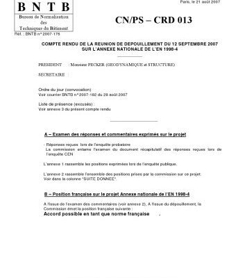 خرید و دانلود نسخه کامل کتاب COMPTE RENDU DE LA REUNION DE DEPOUILLEMENT DU 12 SEPTEMBRE 2007 SUR L’ANNEXE NATIONALE DE L’EN 1998-4