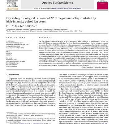 خرید و دانلود نسخه کامل کتاب Dry sliding tribological behavior of AZ31 magnesium alloy irradiated by high-intensity pulsed ion beam