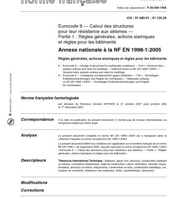 خرید و دانلود نسخه کامل کتاب Eurocode 8 — Calcul des structures pour leur résistance aux séismes — Partie 1 : Règles générales, actions sismiques et règles pour les bâtiments
