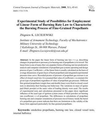 خرید و دانلود نسخه کامل کتاب Experimental study of possibilities for employment of linear form of burning rate law to characterise the burning process of fine-grained propellants