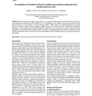 خرید و دانلود نسخه کامل کتاب Investigation of synthesis of boron carbide nano particles using polyvinyl alcohol