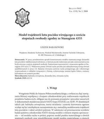 خرید و دانلود نسخه کامل کتاب Model trajektorii lotu pocisku wirującego o sześciu stopniach swobody zgodny ze Stanagiem 4355