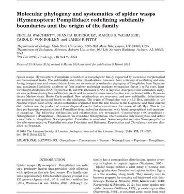 خرید و دانلود نسخه کامل کتاب Molecular phylogeny and systematics of spider wasps (Hymenoptera Pompilidae): redefining subfamily boundaries and the origin of the family