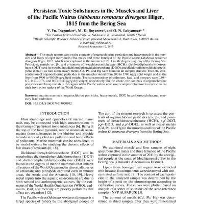 خرید و دانلود نسخه کامل کتاب Persistent Toxic Substances in the Muscles and Liver of the Pacific Walrus Odobenus rosmarus divergens Illiger, 1815 from the Bering Sea