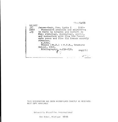 خرید و دانلود نسخه کامل کتاب Possessive Pronouns and Adjectives in Garin le Loheren and Gerbert de Metz : Etymology, Morphology, Syntax and Comparison with Five Old French Epic Poems and Five Old French Courtly Romances [PhD thesis]
