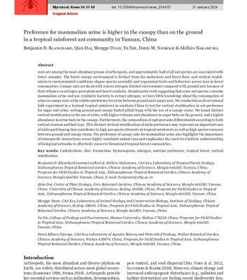 خرید و دانلود نسخه کامل کتاب Preference for mammalian urine is higher in the canopy than on the ground in a tropical rainforest ant community in Yunnan, China