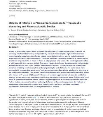 خرید و دانلود نسخه کامل کتاب Stability of rifampin in plasma: consequences for therapeutic monitoring and pharmacokinetic studies