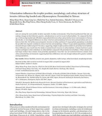 خرید و دانلود نسخه کامل کتاب Urbanization influences the trophic position, morphology, and colony structure of invasive African big-headed ants (Hymenoptera: Formicidae) in Taiwan