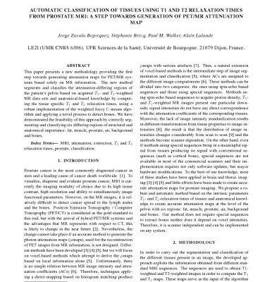 خرید و دانلود نسخه کامل کتاب AUTOMATIC CLASSIFICATION OF TISSUES USING T1 AND T2 RELAXATION TIMES FROM PROSTATE MRI: A STEP TOWARDS GENERATION OF PET/MR ATTENUATION MAP