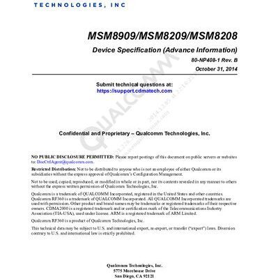 خرید و دانلود نسخه کامل کتاب MSM8909/MSM8209/MSM8208 Device Specification (Advance Information)