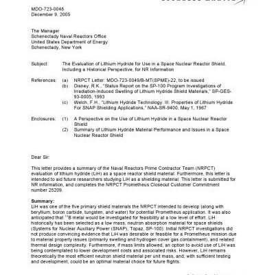 خرید و دانلود نسخه کامل کتاب The Evaluation of Lithium Hydride for Use in a Space Nuclear Reactor Shield, Including a Historical Perspective