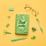 خرید و دانلود نسخه کامل فایل فتوشاپ PSD و لایه باز موکاپ کتاب با کیفیت بالا طرح کتاب مدرسه با لوازم تحریر