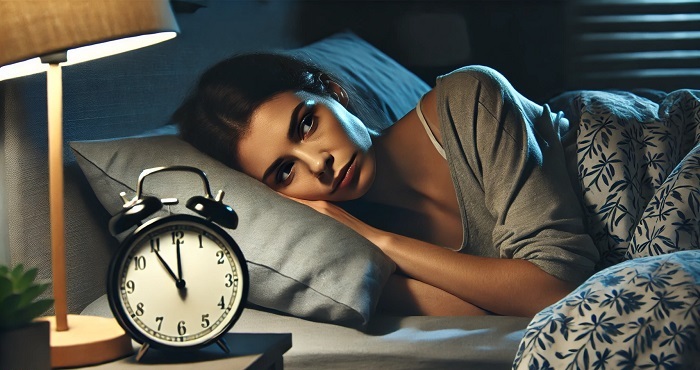 A-woman-lying-awake-in-bed خرید و دانلود نسخه کامل سابلیمینال خواب عمیق - تصویر 1